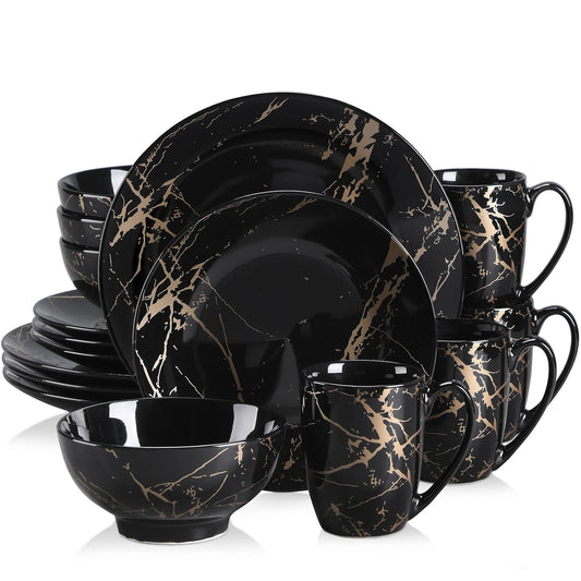 LOVECASA Black 16/32/48 Piece Gold Splash Procelain Dinnerware Set with Dinner Plate,Cake plate,Bowls,Coffee Cups