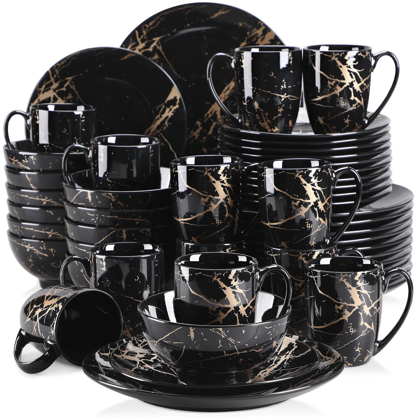 LOVECASA Black 16/32/48 Piece Gold Splash Procelain Dinnerware Set with Dinner Plate,Cake plate,Bowls,Coffee Cups