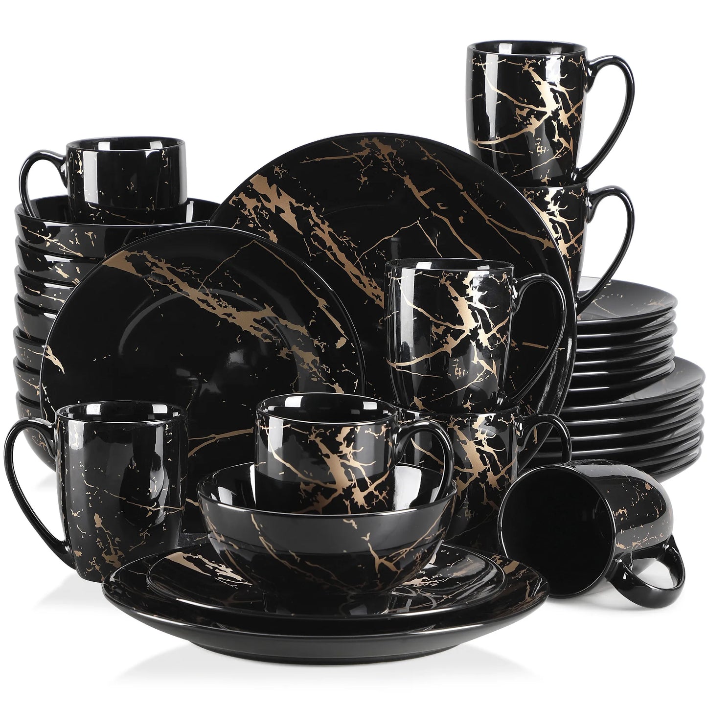 LOVECASA Black 16/32/48 Piece Gold Splash Procelain Dinnerware Set with Dinner Plate,Cake plate,Bowls,Coffee Cups