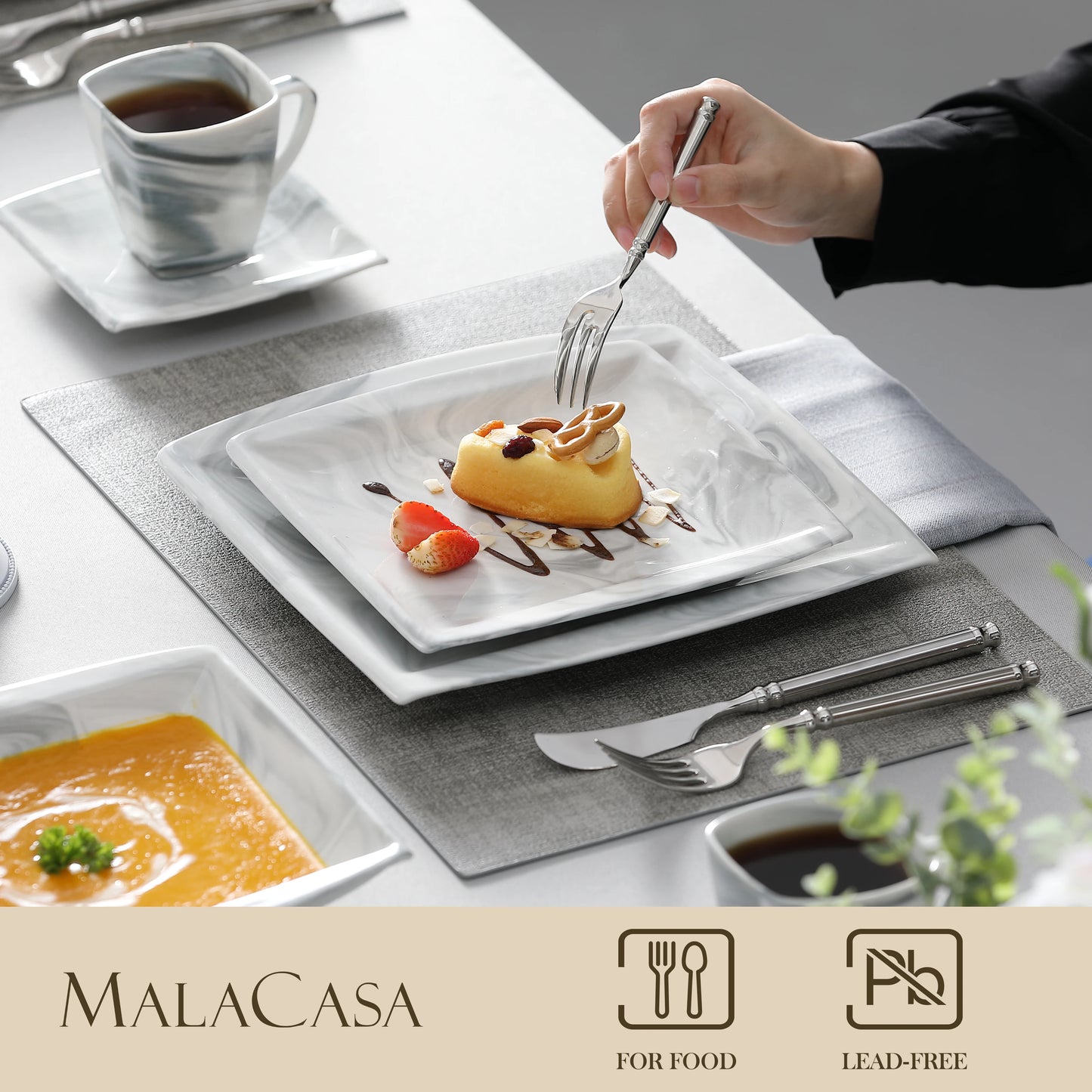 MALACASA 30/60PCS Marble Grey Porcelain Tableware Dinnerware Set with Dessert/Soup/Dinner Plate/Cup/Saucer