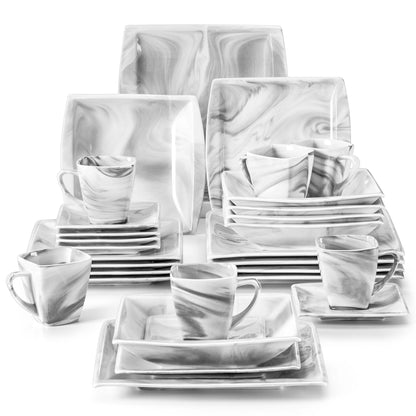 MALACASA 30/60PCS Marble Grey Porcelain Tableware Dinnerware Set with Dessert/Soup/Dinner Plate/Cup/Saucer