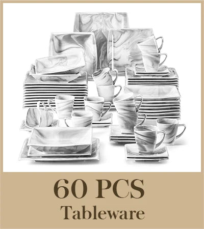 MALACASA 30/60PCS Marble Grey Porcelain Tableware Dinnerware Set with Dessert/Soup/Dinner Plate/Cup/Saucer