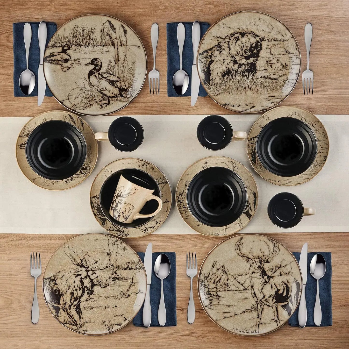 Animal Print 16 Piece Dinnerware Set, Black and Beige Easy to clean and reheat Hand-painted with tan reaction glaze